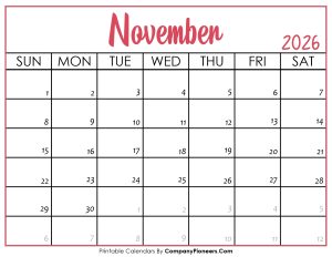 November 2026 Calendar Printable Pink Header