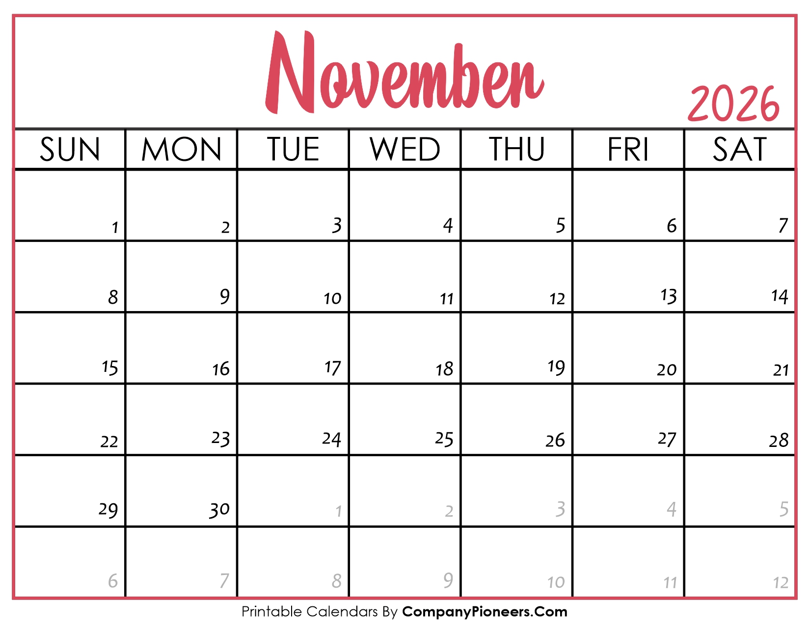 November 2026 Calendar Printable Pink Header