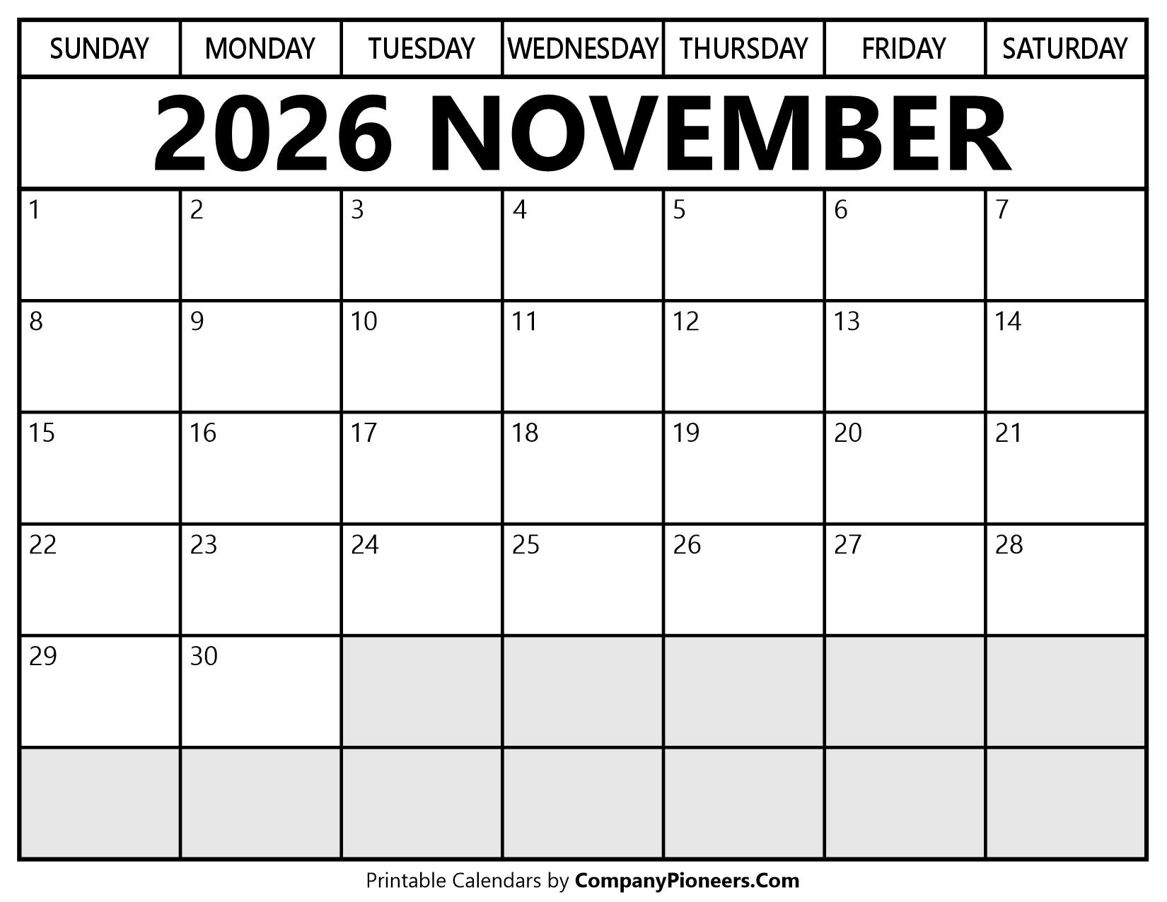November 2026 Calendar Segoe UI Font