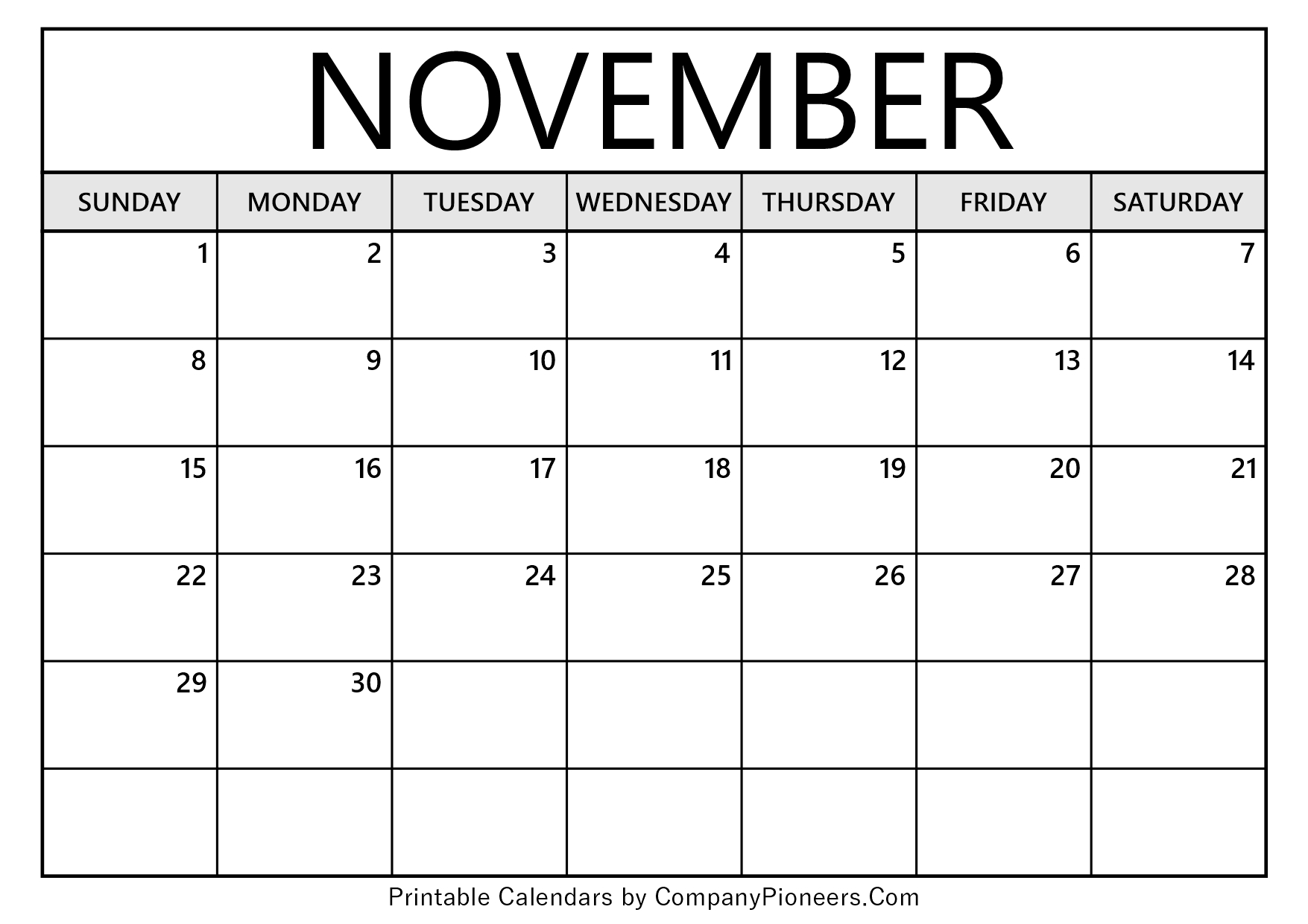 November 2026 Calendar Template Blank