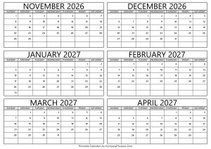 November 2026 to April 2027 Calendar