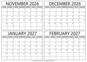 November 2026 to February 2027 Calendar