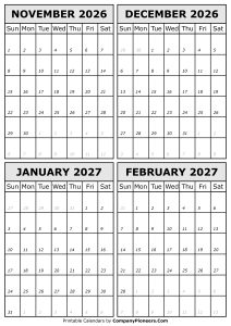 November 2026 to February 2027 Calendar Template