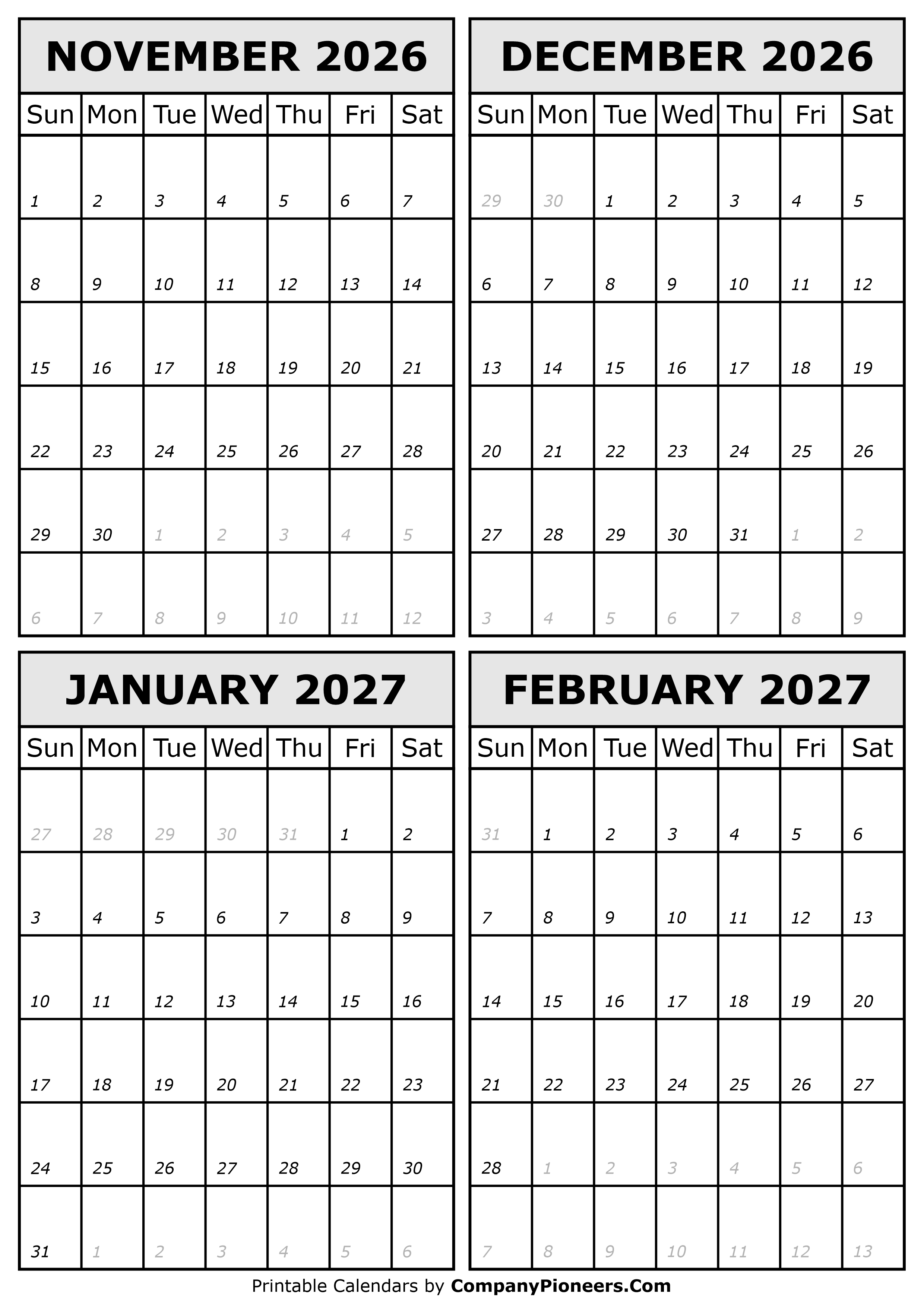November 2026 to February 2027 Calendar Template