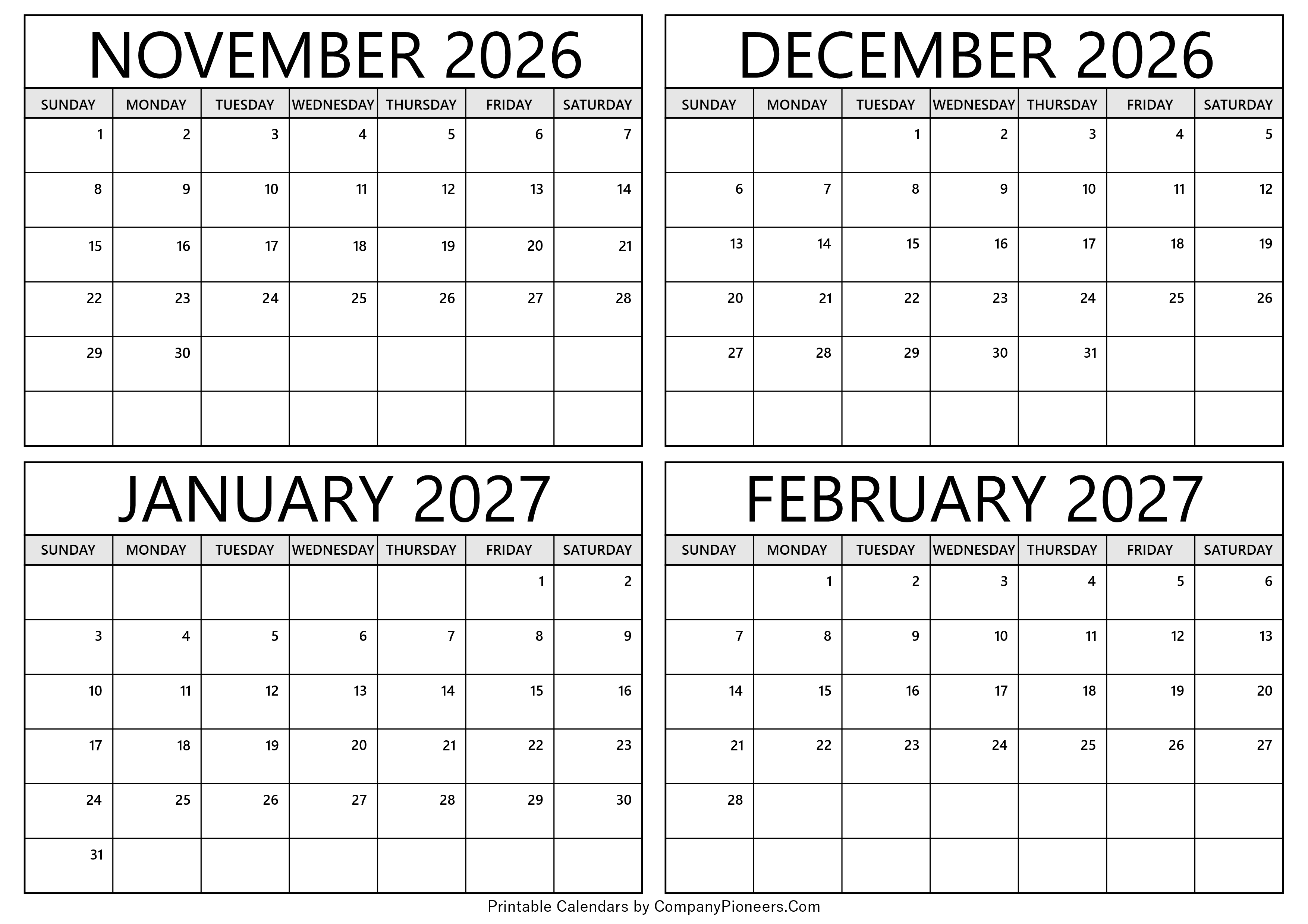 November 2026 to February 2027 Calendar