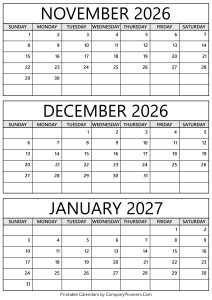 November 2026 to January 2027 Calendar