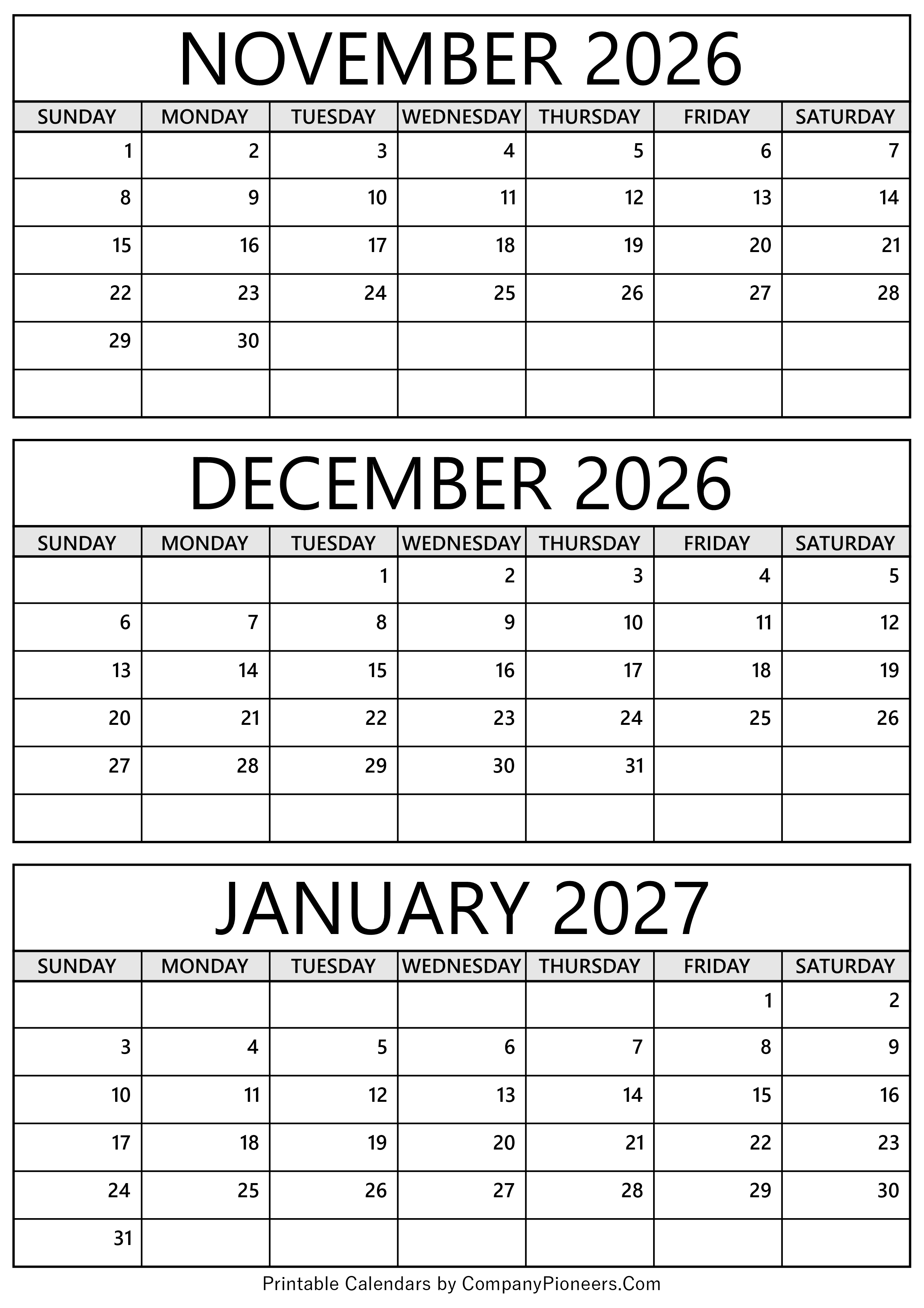 November 2026 to January 2027 Calendar