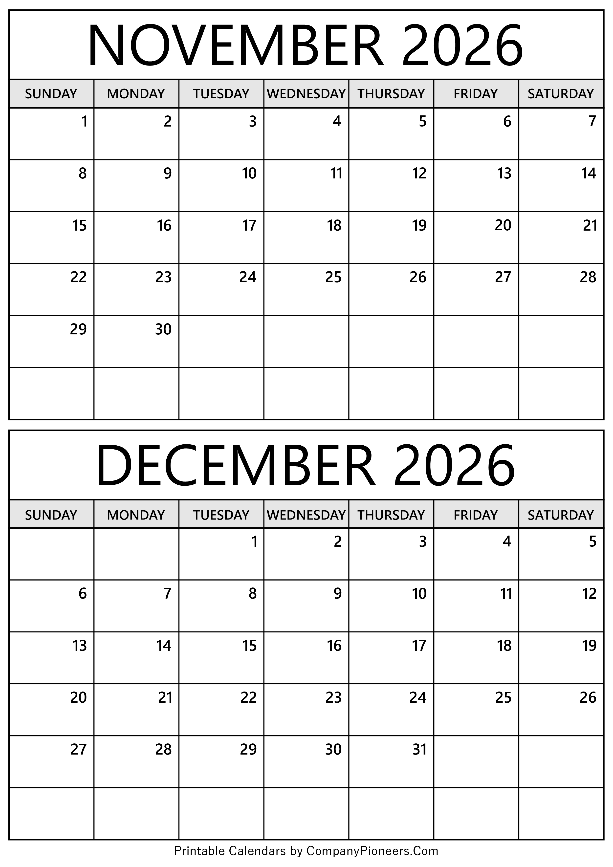 November December 2026 Calendar