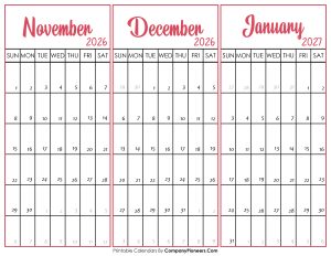 November December 2026 and January 2027 Calendar