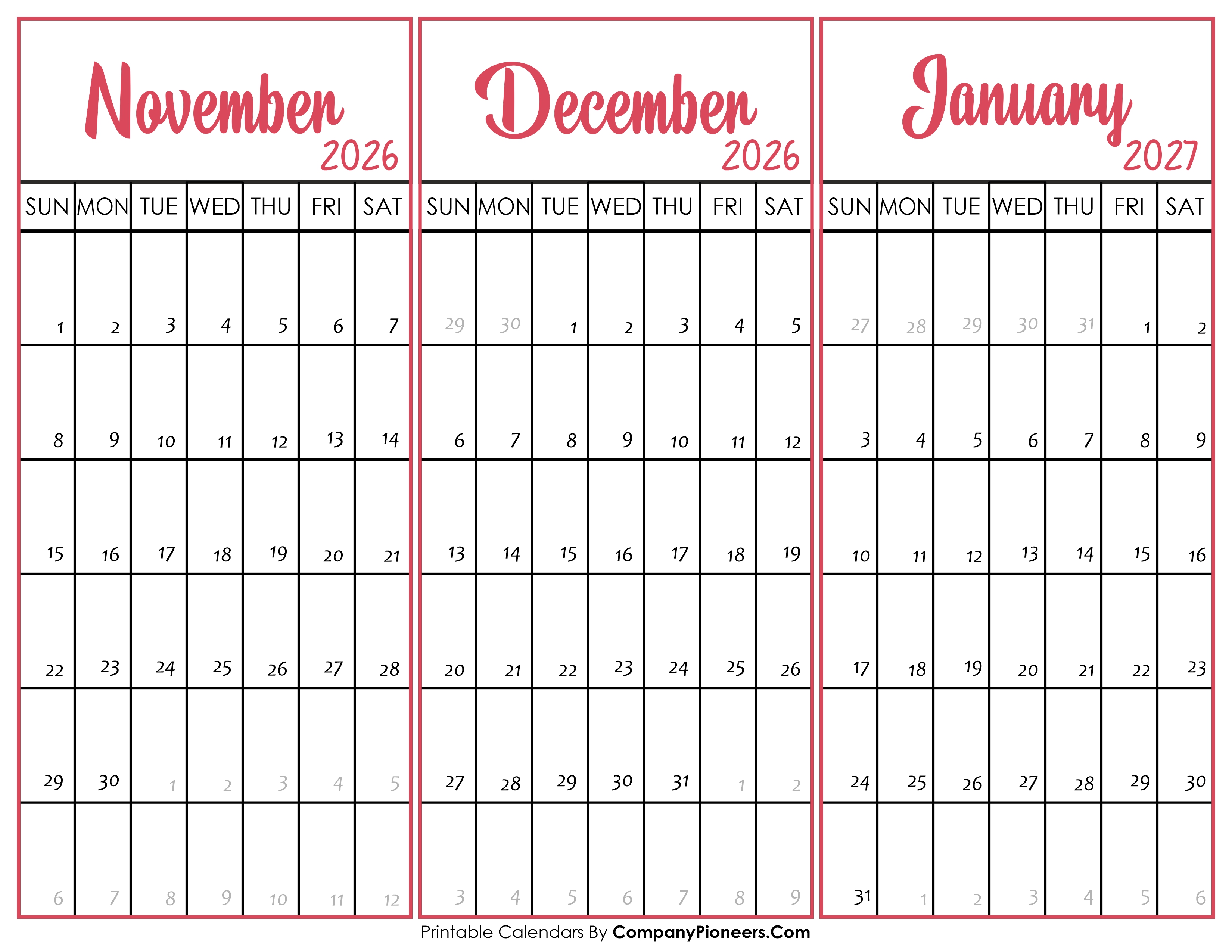 November December 2026 and January 2027 Calendar