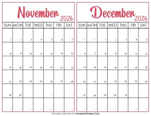 November and December Calendar 2026