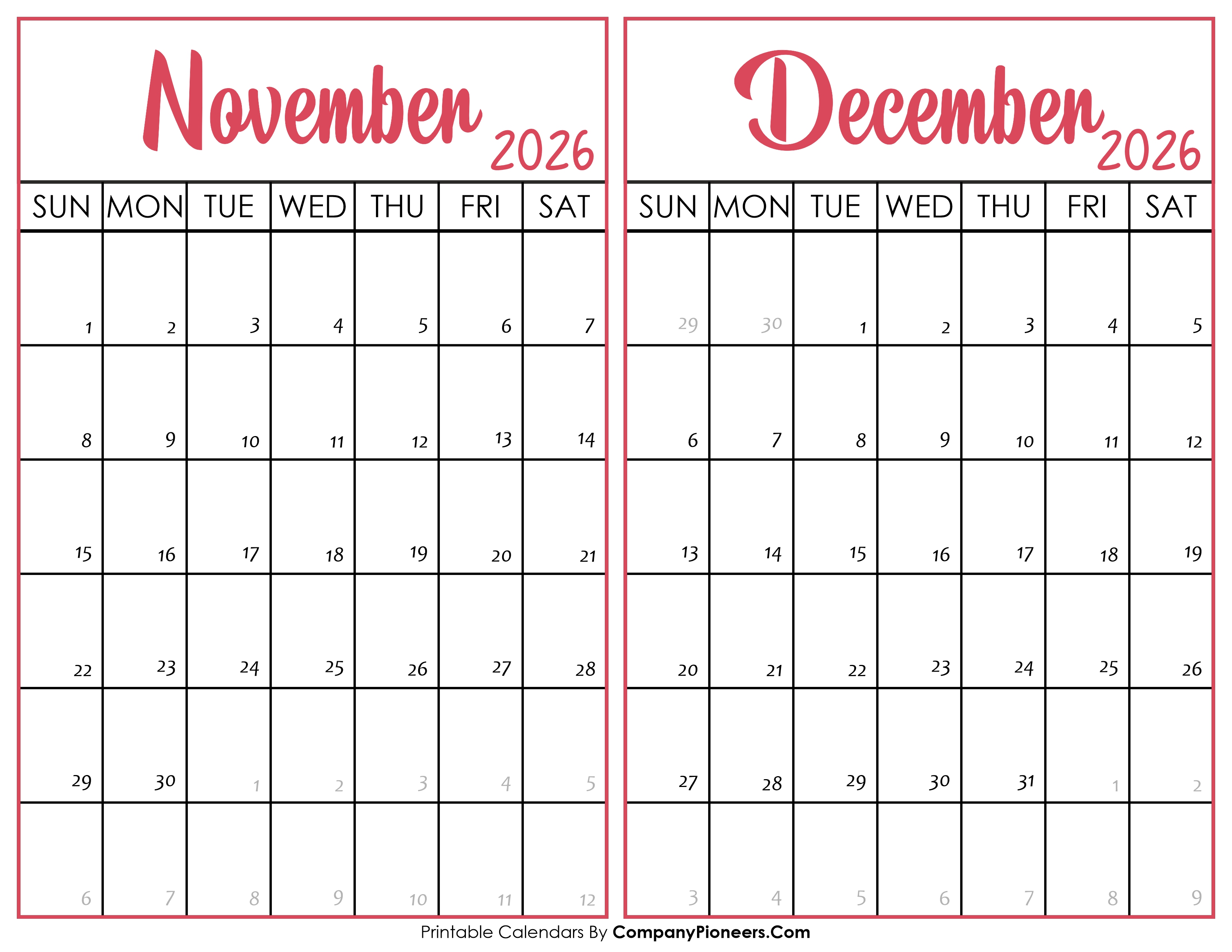 November and December Calendar 2026