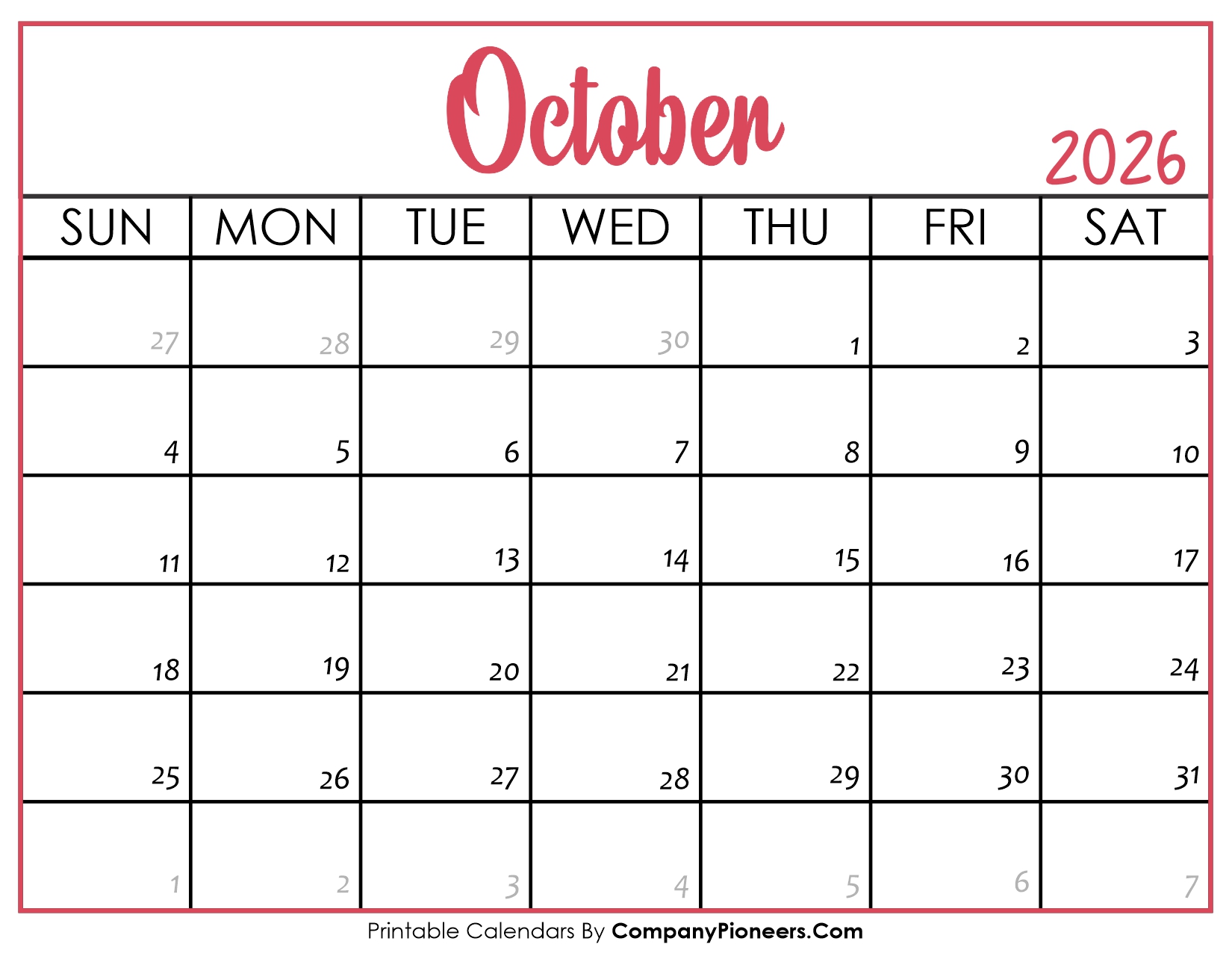 October 2026 Calendar Printable Pink Header