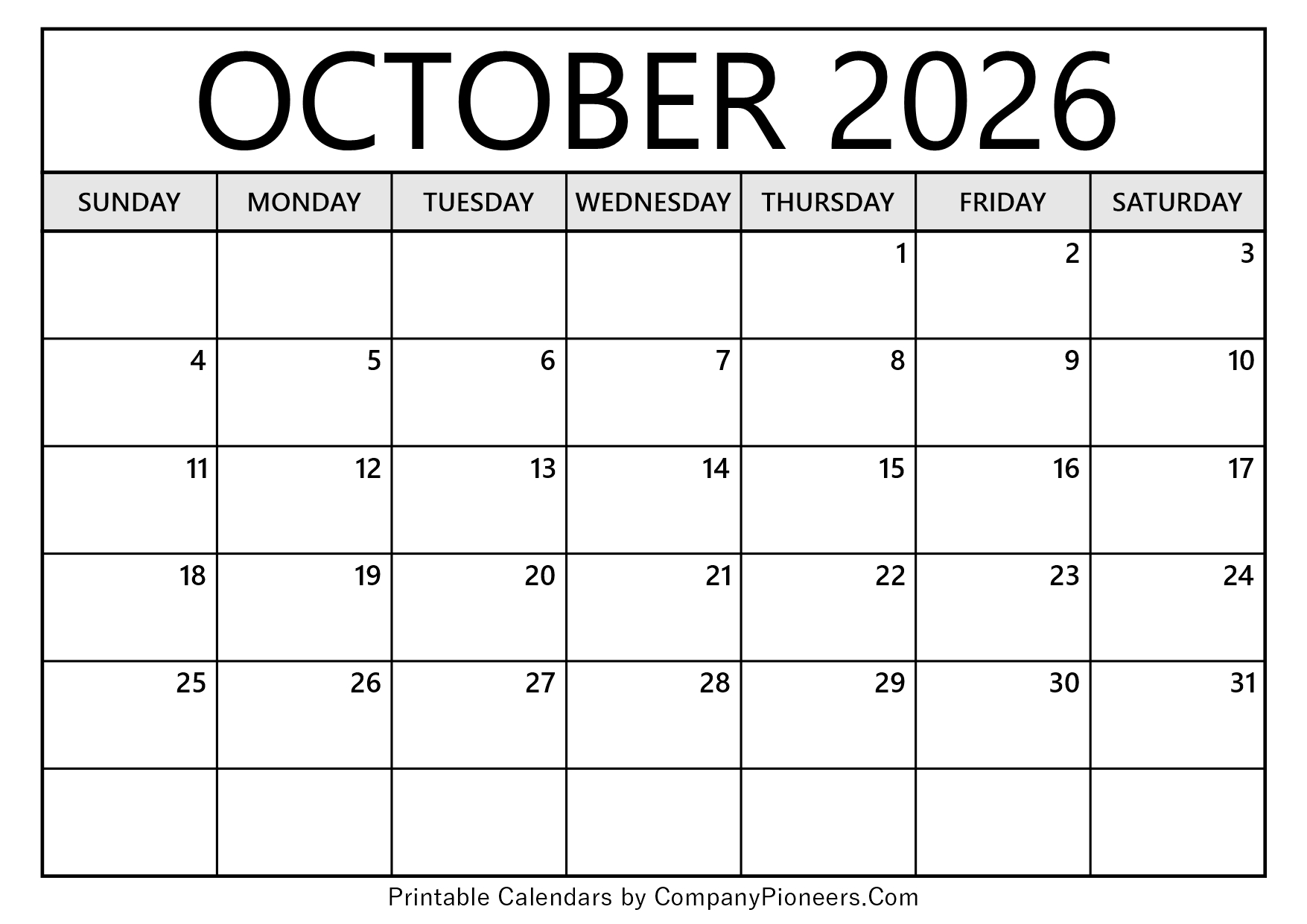 October 2026 Calendar Template Blank