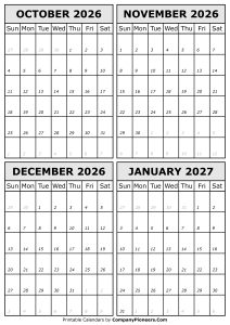 October 2026 to January 2027 Calendar Template