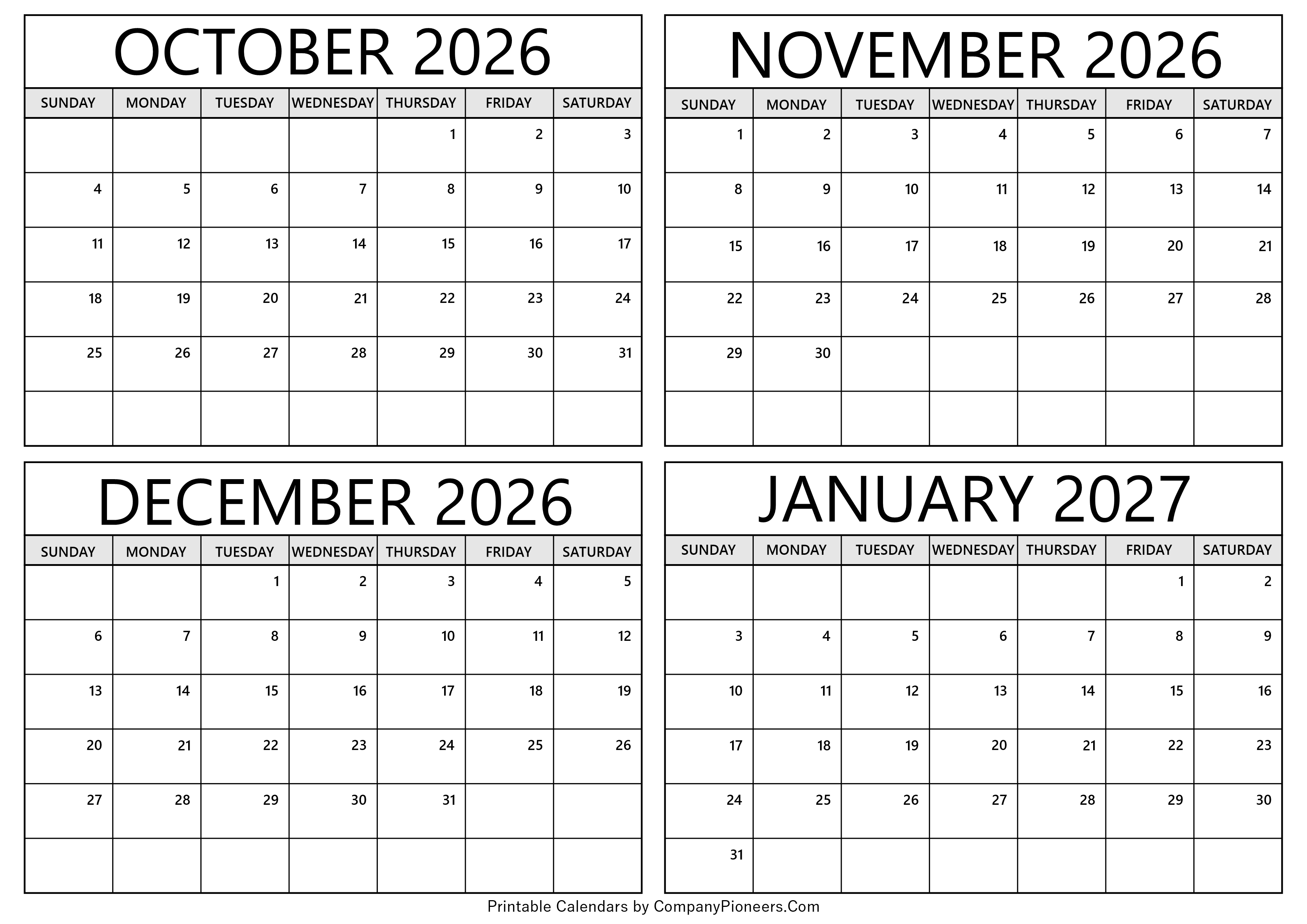 October 2026 to January 2027 Calendar