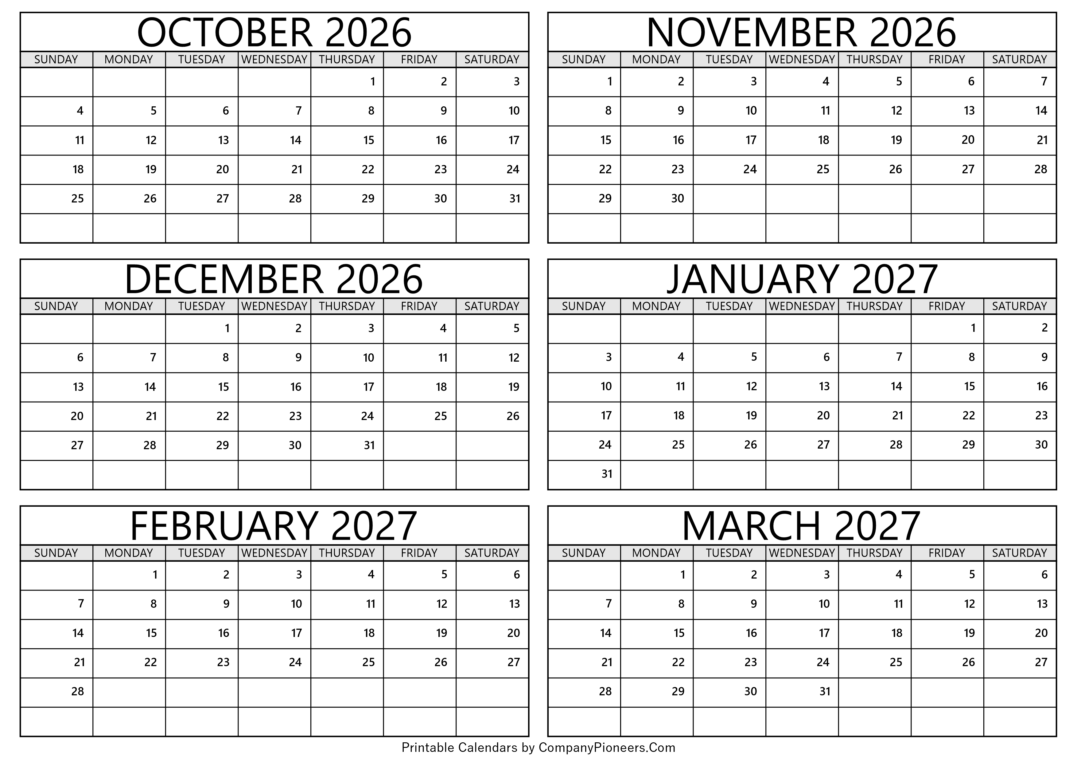 October 2026 to March 2027 Calendar