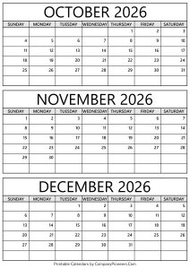 October November December 2026 Calendar