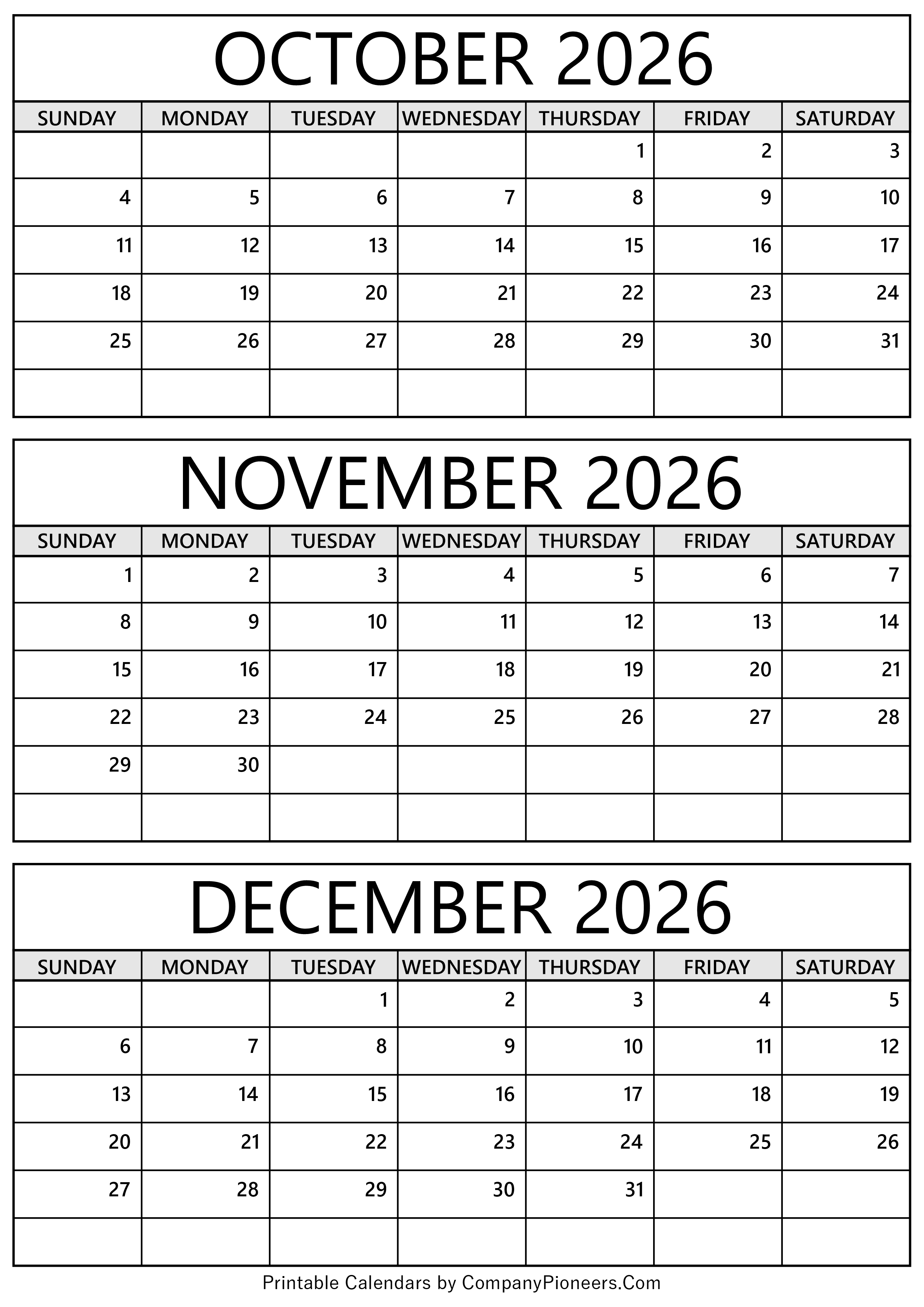 October November December 2026 Calendar