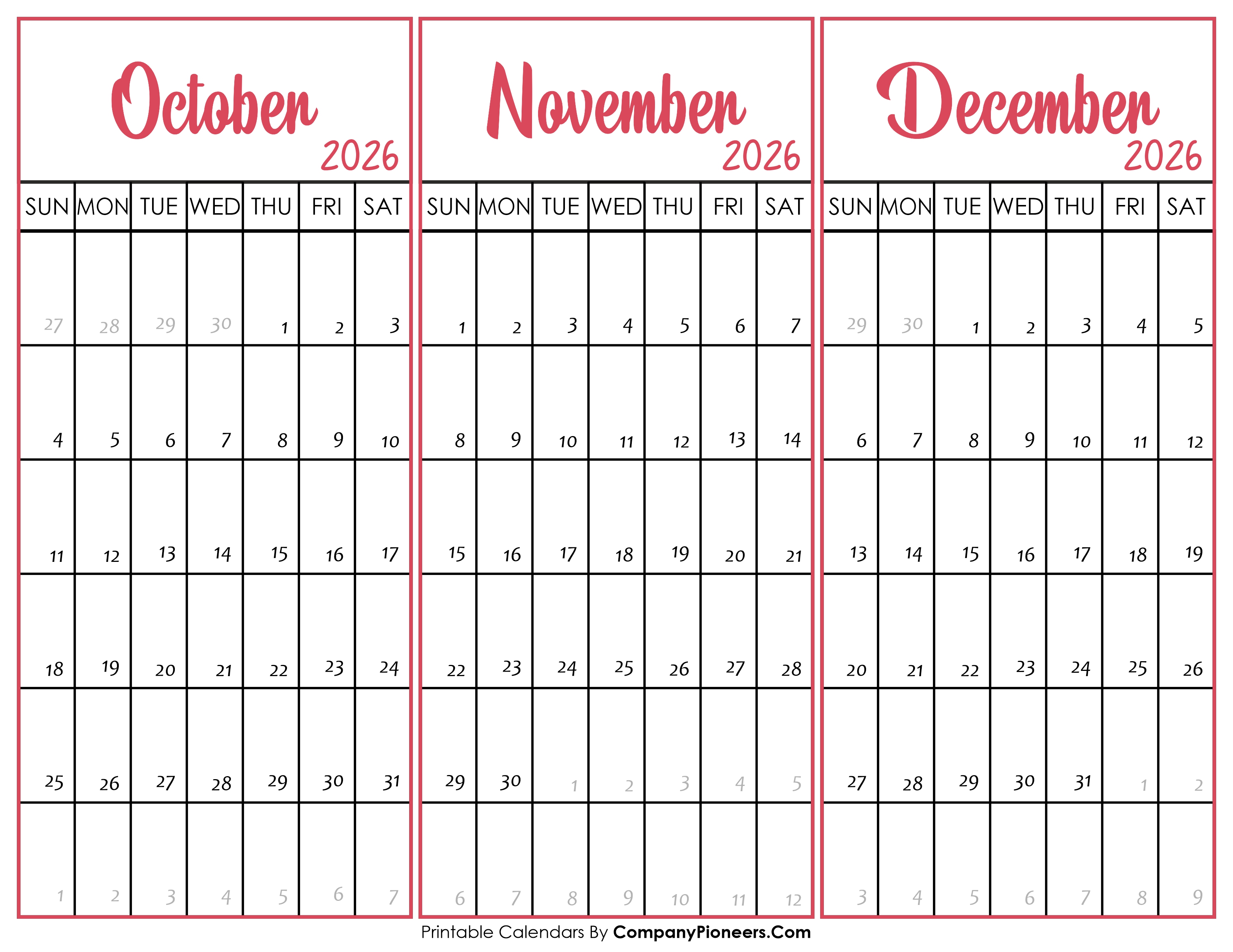 October November and December Calendar 2026