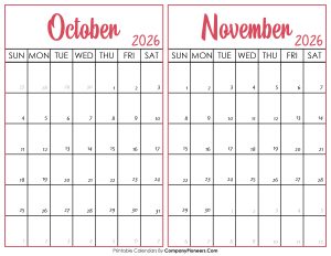 October and November Calendar 2026