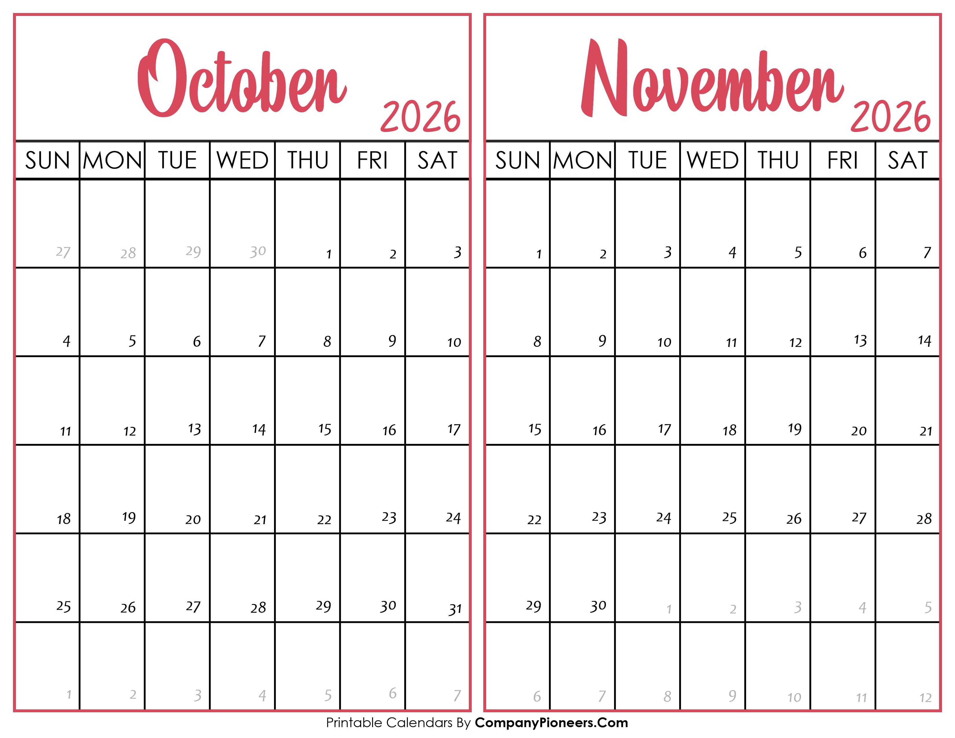 October and November Calendar 2026