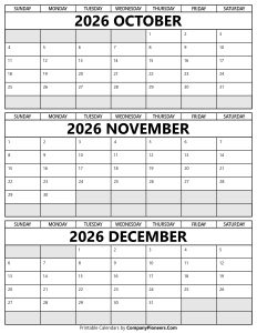 October to December 2026 Calendar