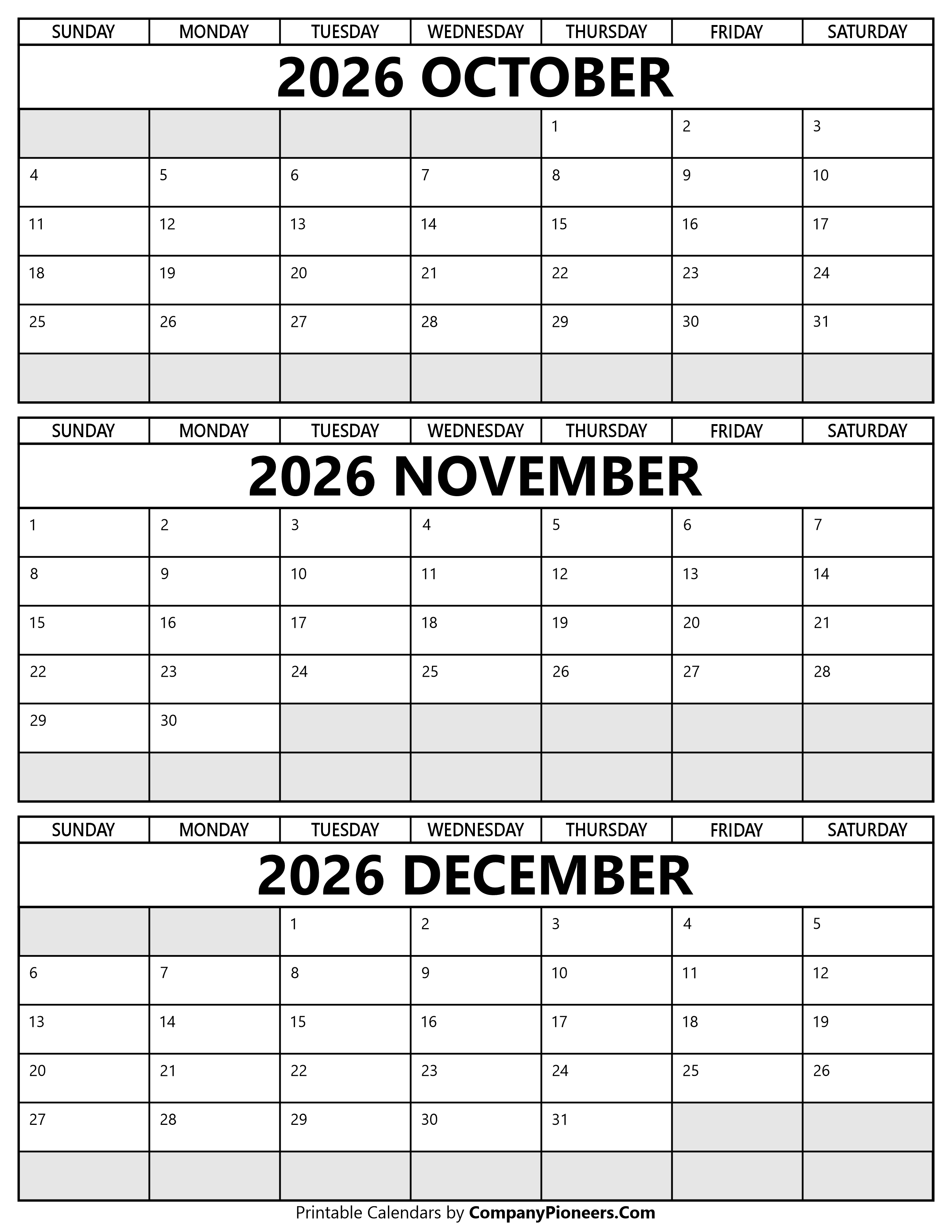 October to December 2026 Calendar