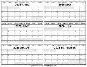 Printable 2026 April to September Calendar