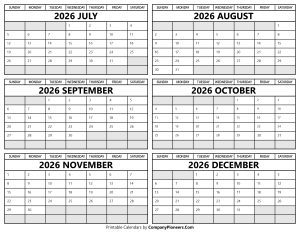 Printable 2026 July to December Calendar