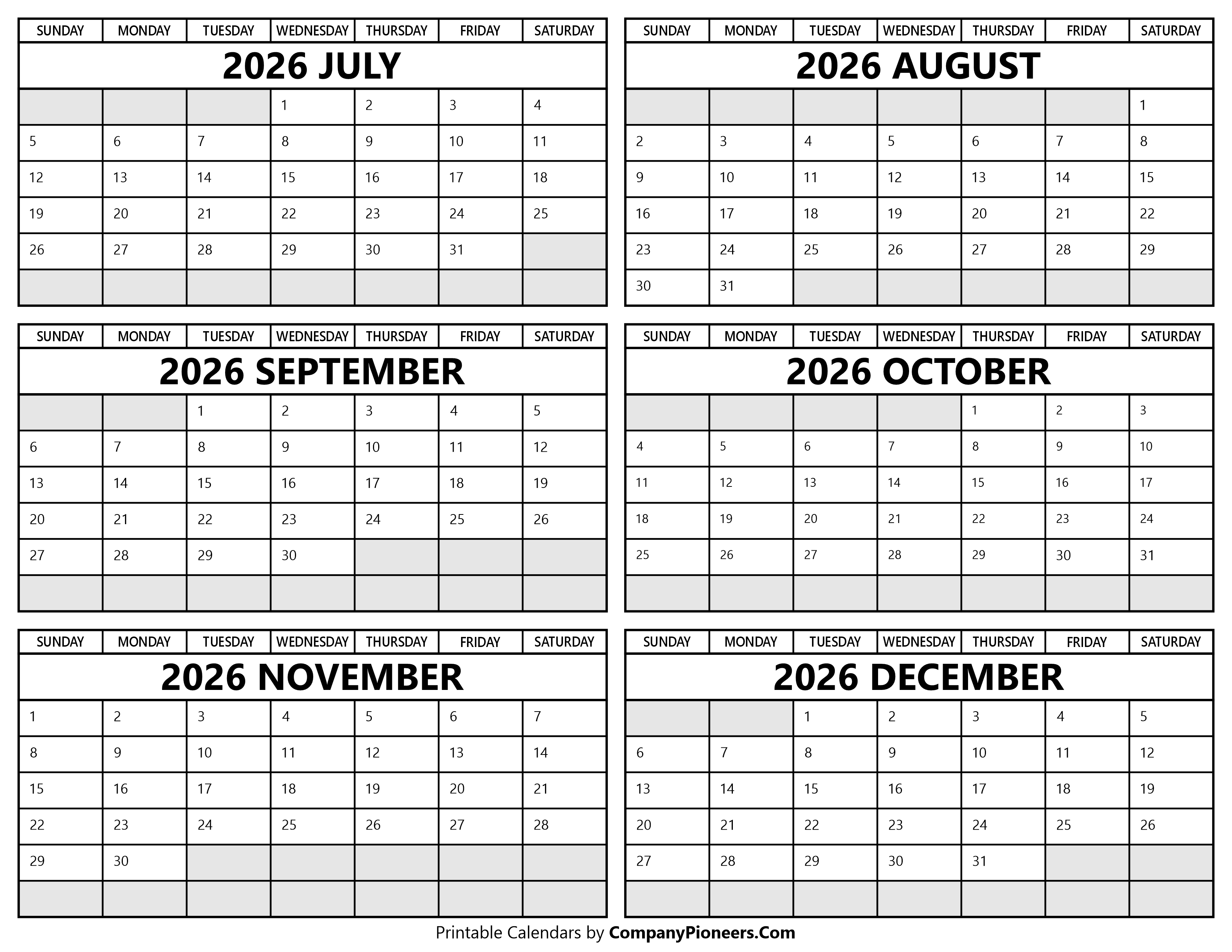 Printable 2026 July to December Calendar