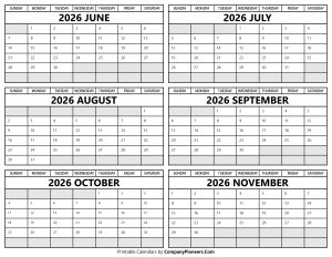 Printable 2026 June to November Calendar