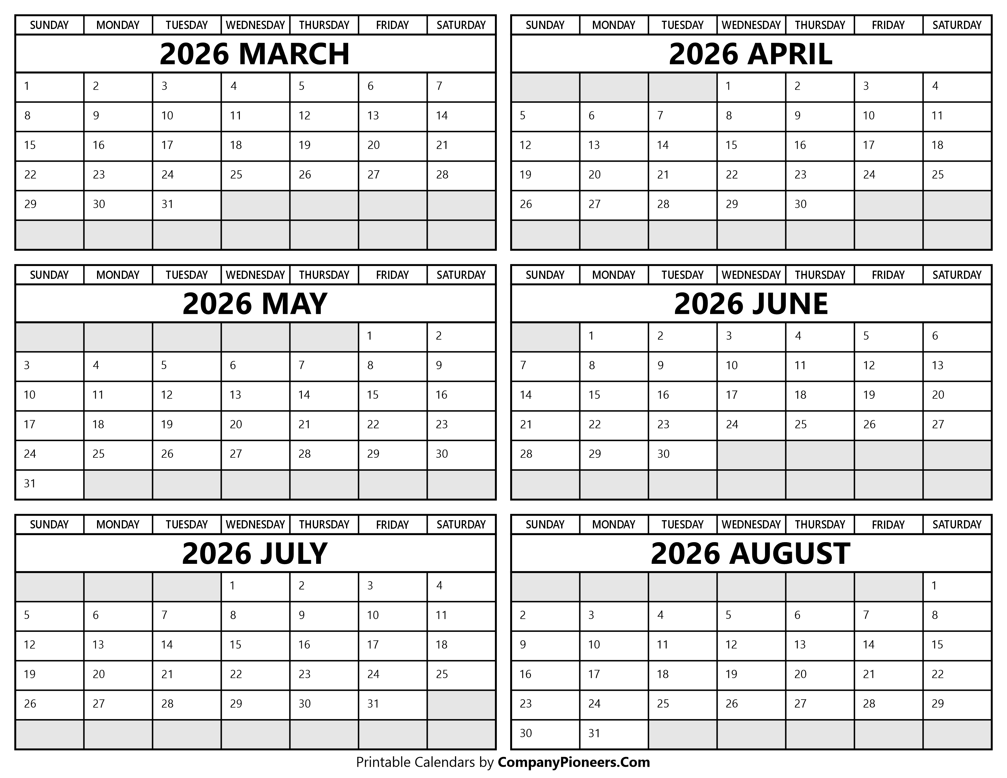 Printable 2026 March to August Calendar