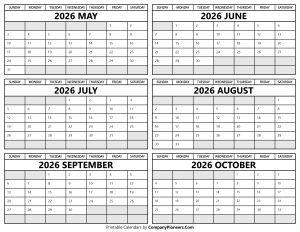 Printable 2026 May to October Calendar