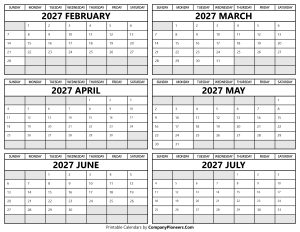 Printable 2027 February to July Calendar