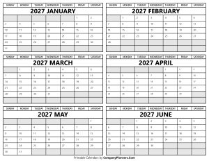 Printable 2027 January to June Calendar