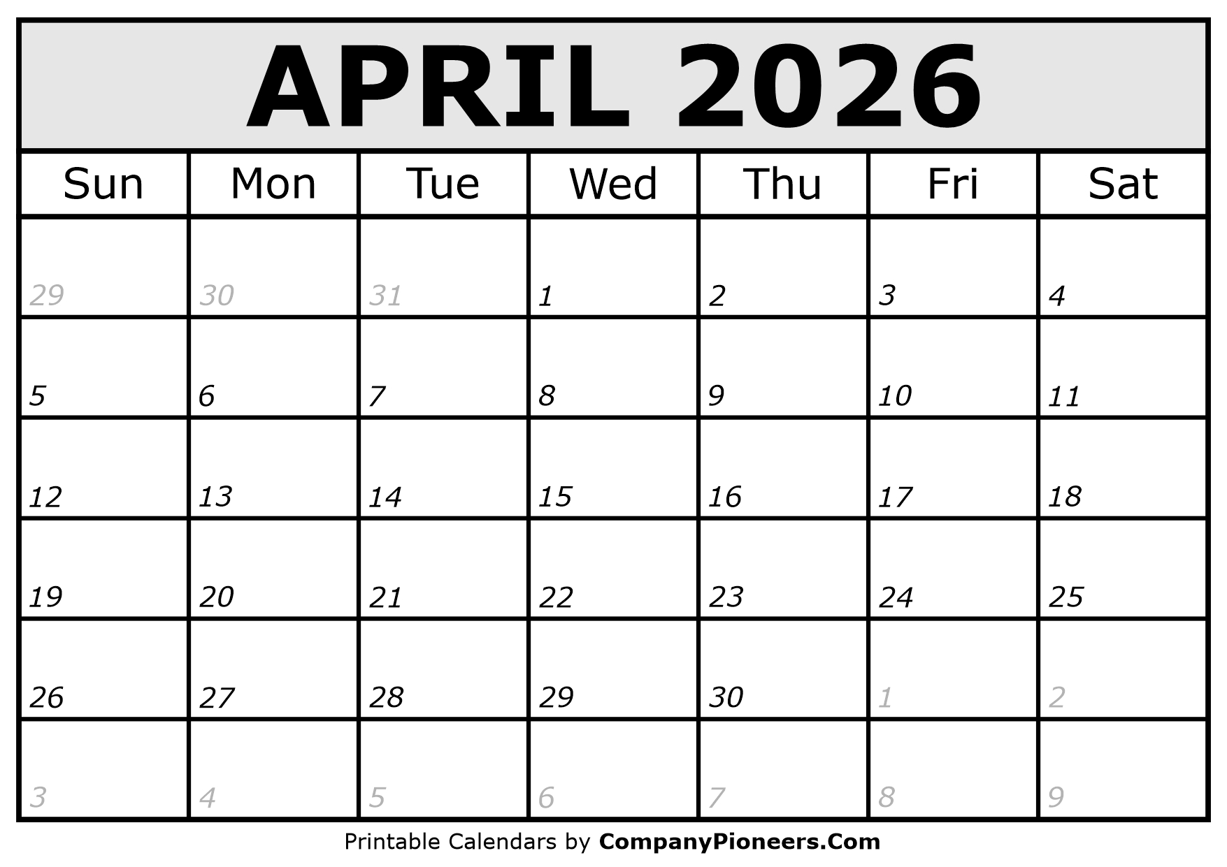 Printable April 2026 Calendar Italic Font