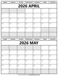 Printable April May 2026 Calendar