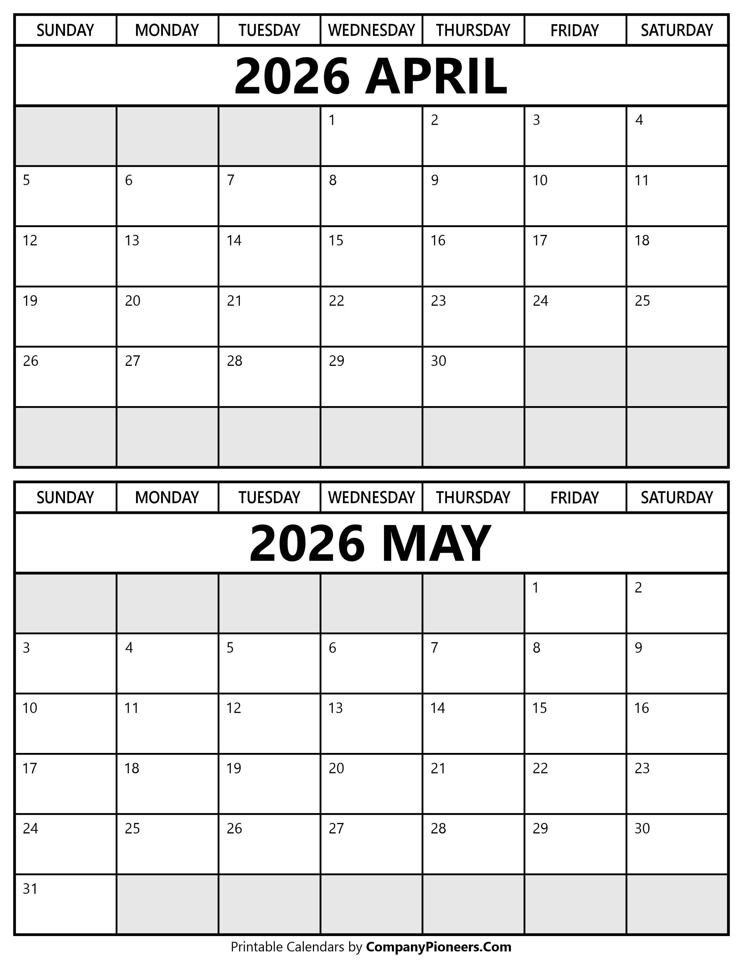 Printable April May 2026 Calendar