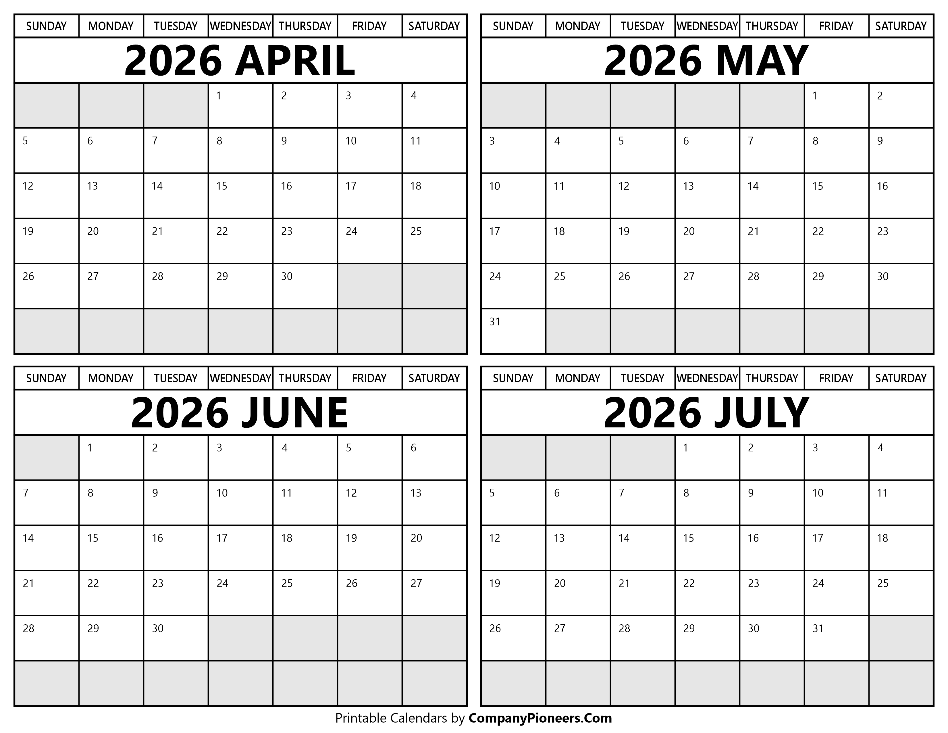 Printable April to July 2026 Calendars