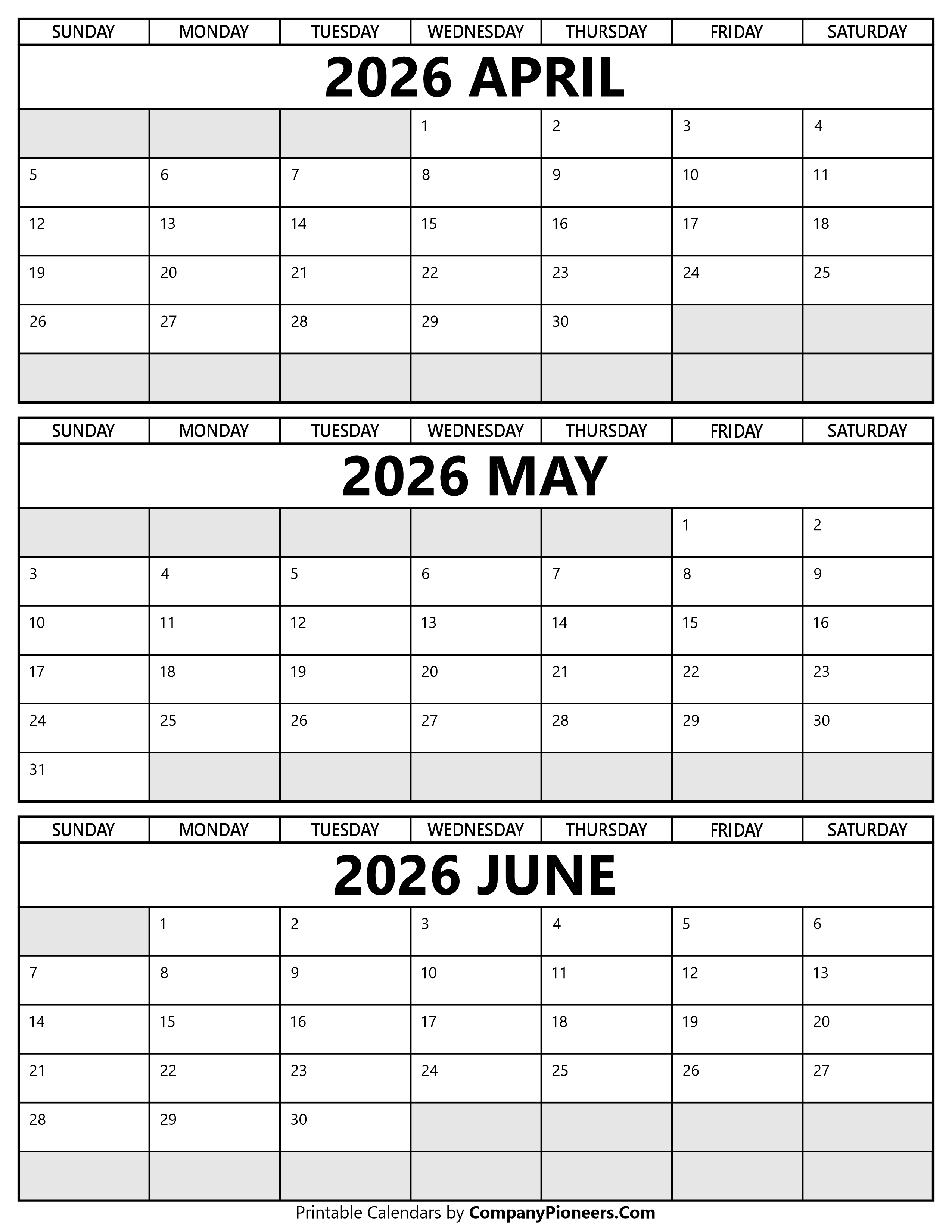 Printable April to June 2026 Calendar