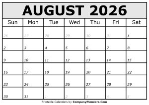 Printable August 2026 Calendar Italic Font
