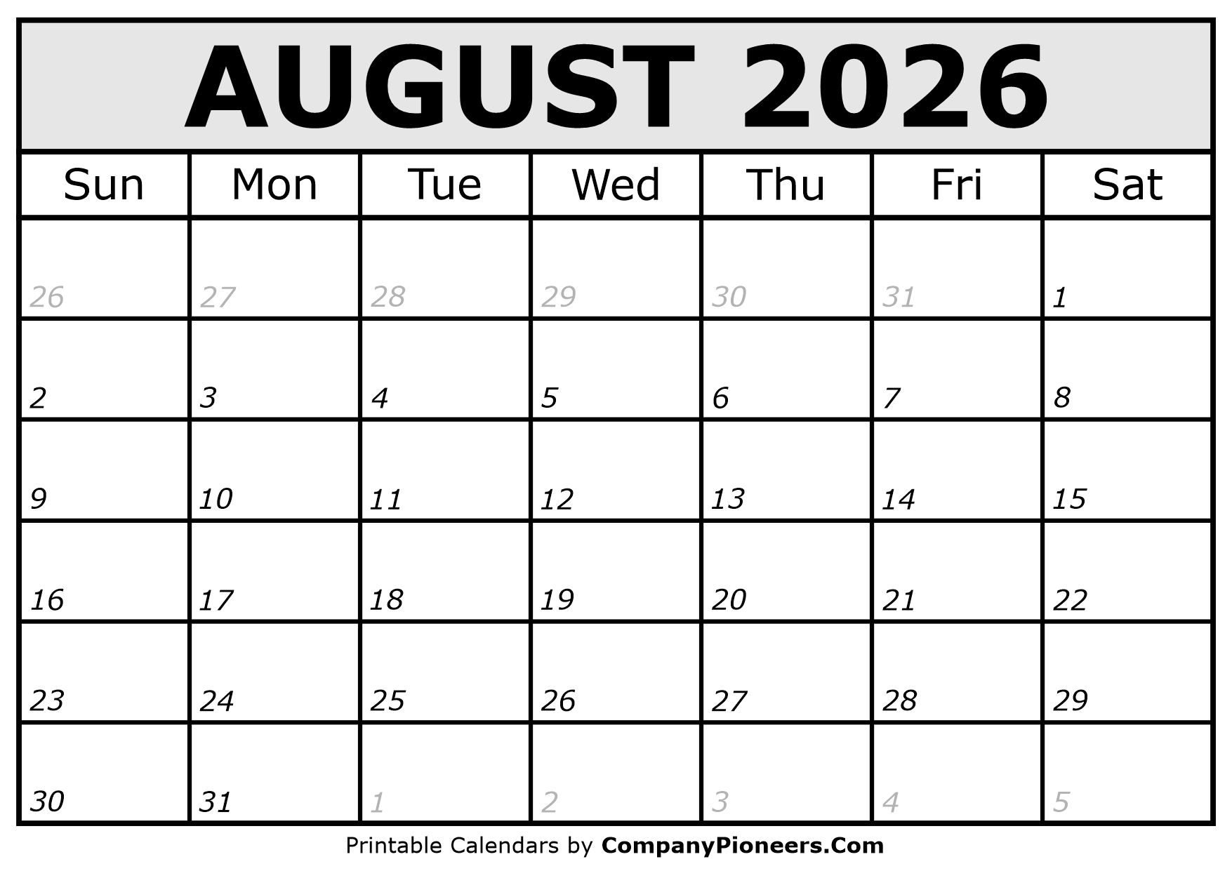 Printable August 2026 Calendar Italic Font