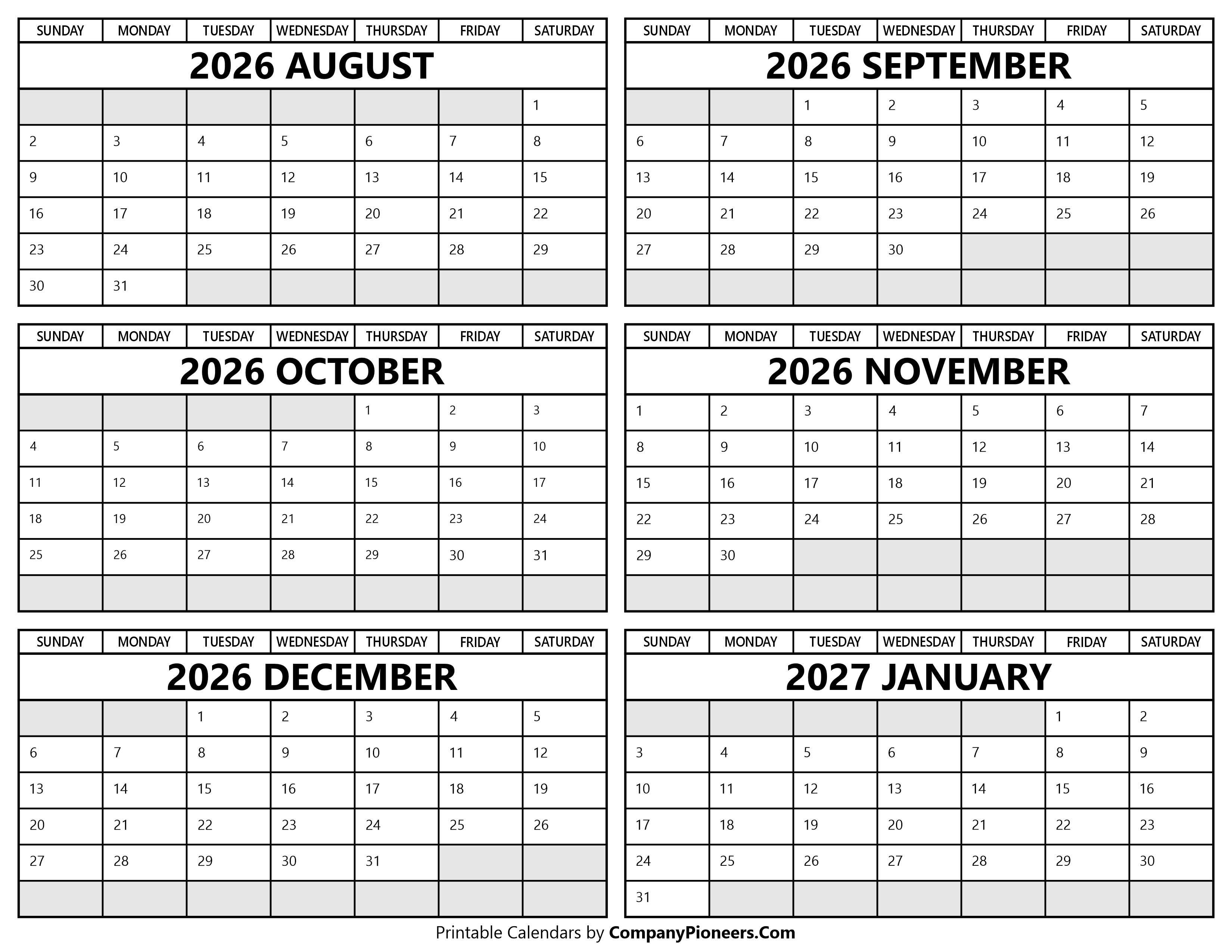 Printable August 2026 to January 2027 Calendar