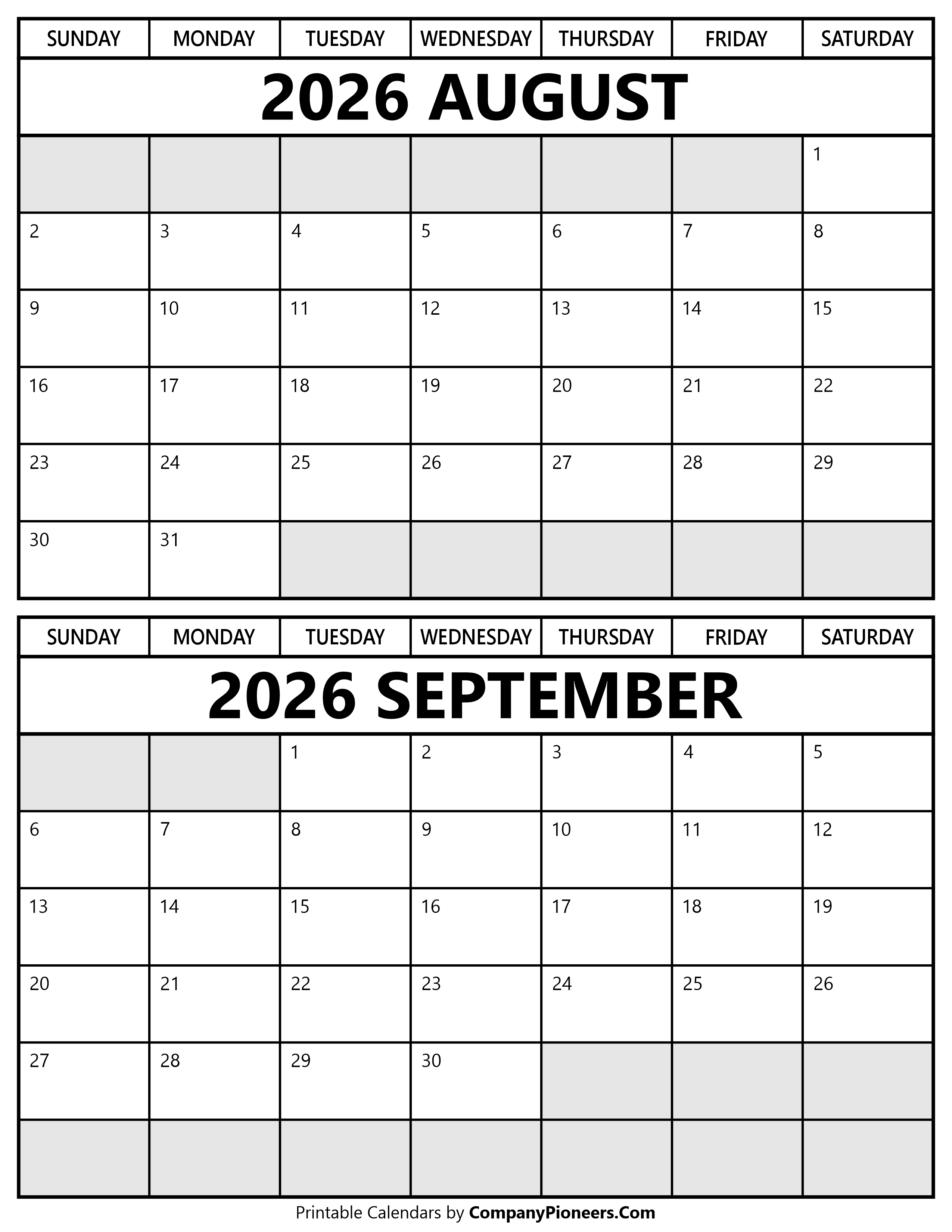 Printable August September 2026 Calendar
