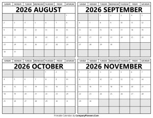 Printable August to November 2026 Calendars