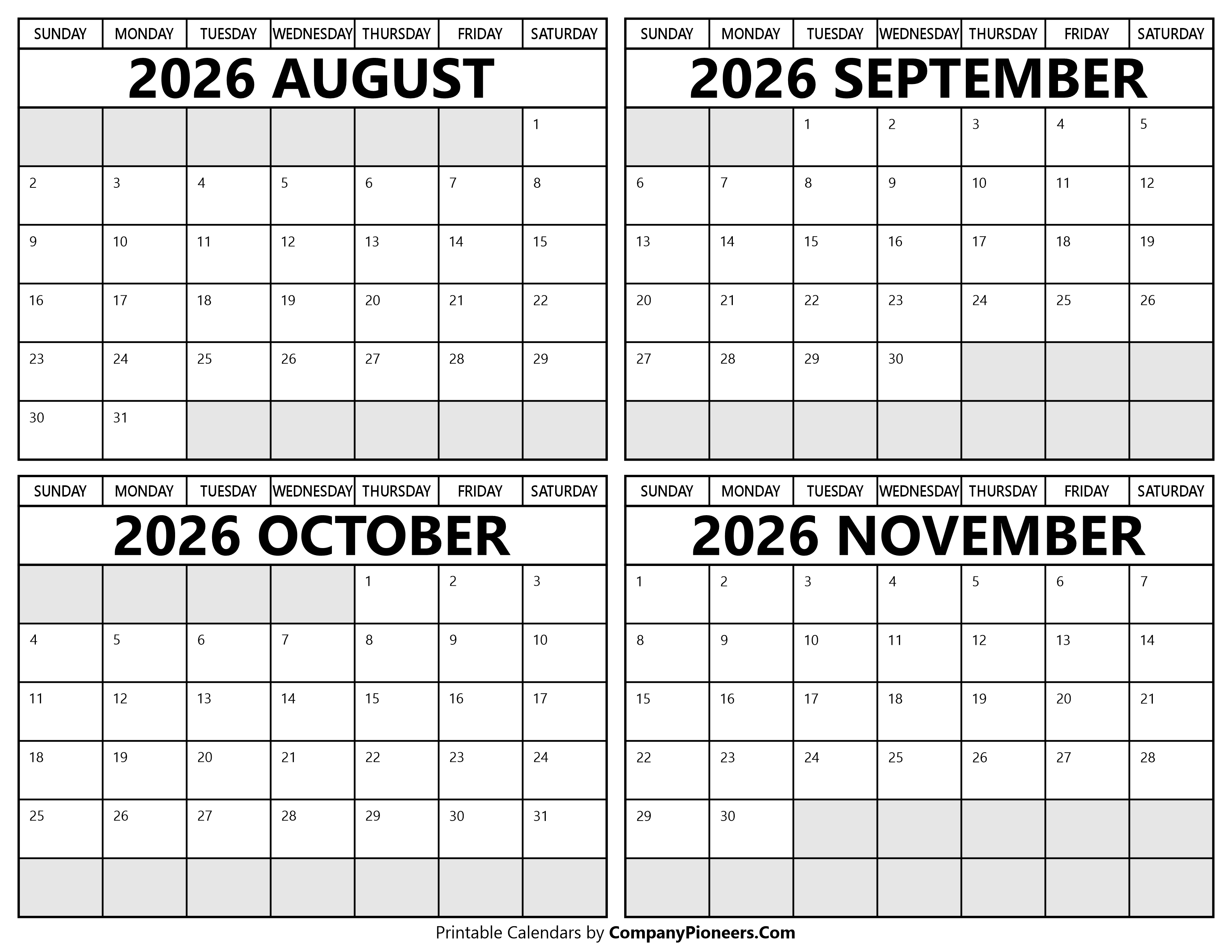 Printable August to November 2026 Calendars