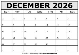 Printable December 2026 Calendar Italic Font