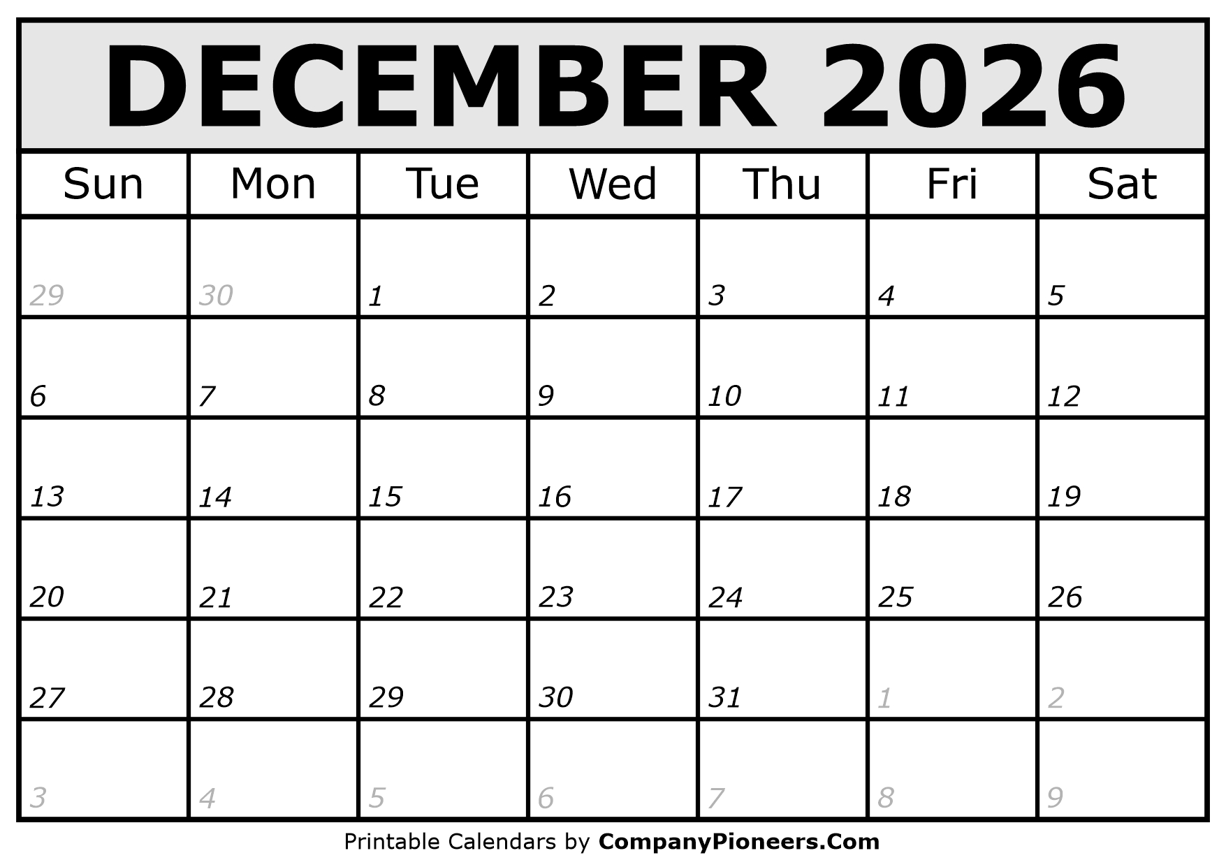 Printable December 2026 Calendar Italic Font