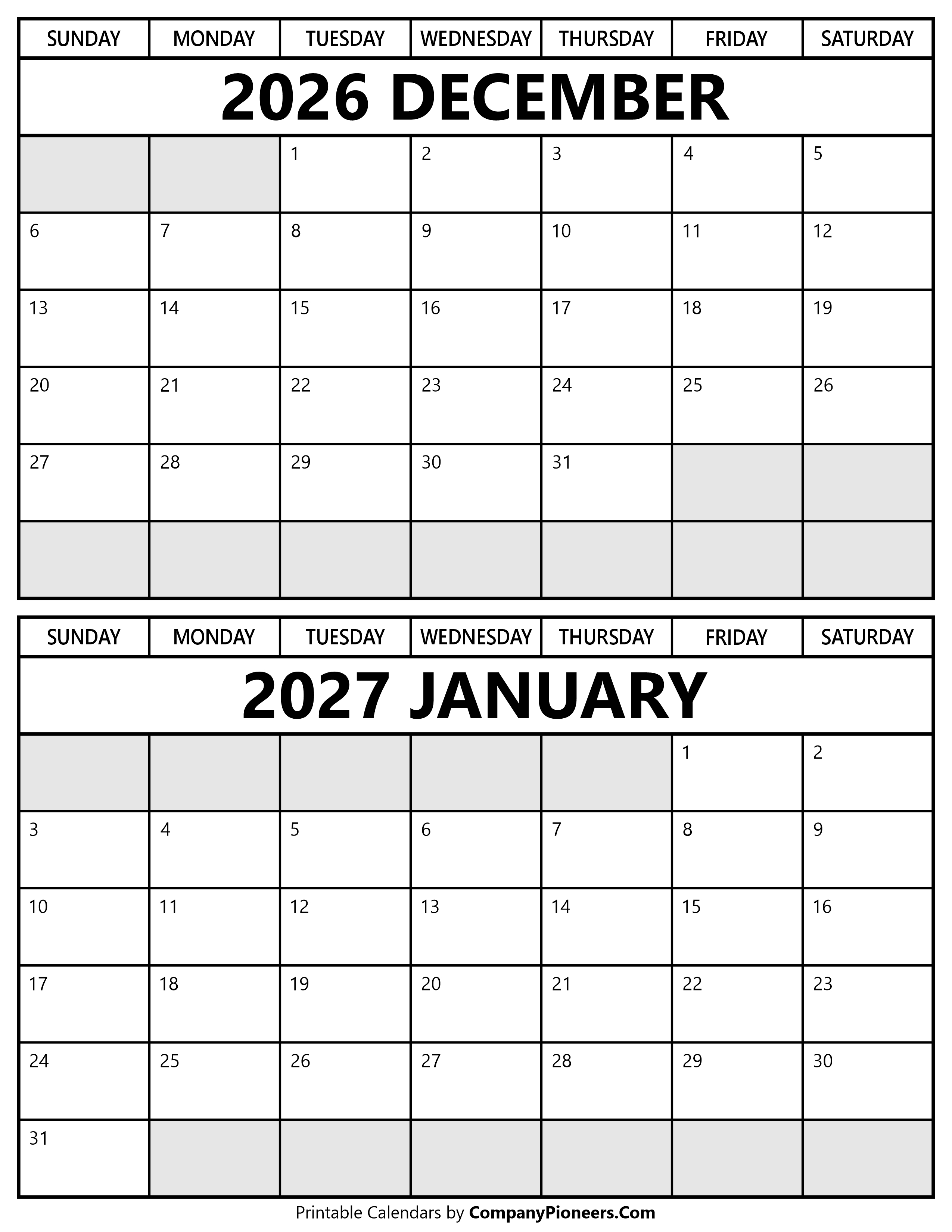 Printable December 2026 January 2027 Calendar